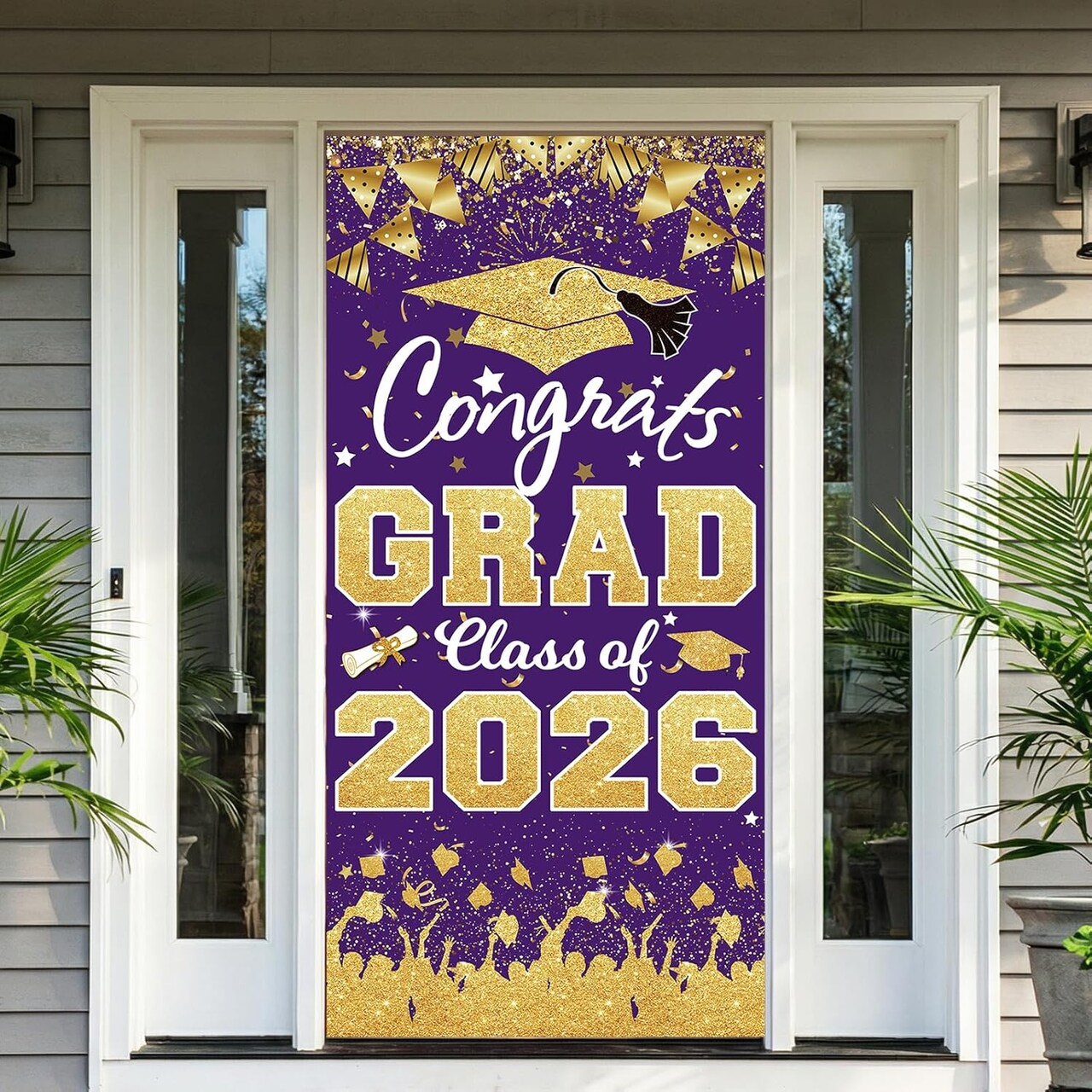 Graduation Party Decoration – Purple & Gold Congrats Grad Class of 2026 Banner, Large Front Door & Porch Sign Backdrop Wall Decor for Graduation Celebration
